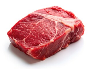 Obraz premium Raw beef steak, pristine white backdrop. Fresh, minimalist meat photography.
