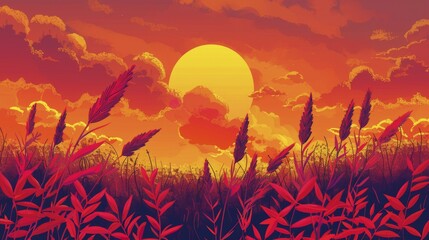 A sunset scene with red and orange colors, plants silhouetted against the sky, AI generated