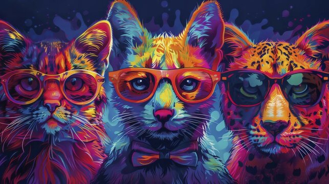 Three cats with neon hues and glasses, blending art and wildness, AI generated