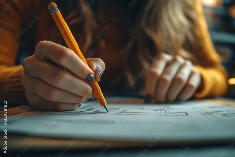 Poster person drawing sketches with a pencil on paper in a cozy indoor setting during evening hours