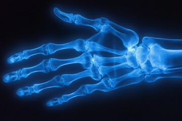 X-ray image of a human hand displaying detailed bone structure and joint articulation