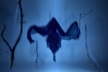 Graceful ballerina in dark veil performing through mist, flowing in ghostly waltz. Elegance,...