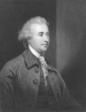 Edmund Burke (1729-1797) on engraving from the 1800s. Anglo-Irish statesman, author, orator, political theorist and philosopher. Mostly remembered for his opposition to the French Revolution. Leading figure within the conservative faction of the Whig party. Engraved by H.Robinson from a painting by J.Reynolds and published in London by Fisher, Son & Co in 1845