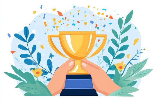 Celebrating victory with a golden trophy held by hands surrounded by colorful confetti and greenery