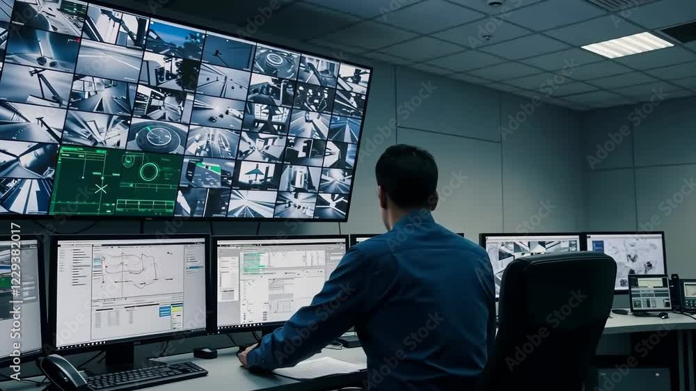 Poster man, monitors and security control room for surveillance, safety and protection with system or techn
