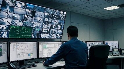 Man, monitors and security control room for surveillance, safety and protection with system or technology. Person, computer and monitoring for access, alert and data with video camera and watch