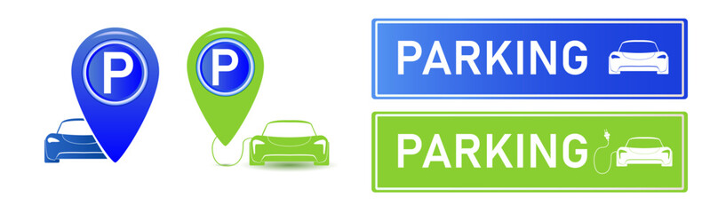 Car parking eco electric icon set. Parking and traffic signs isolated on white background. Map parking pointer. Vector