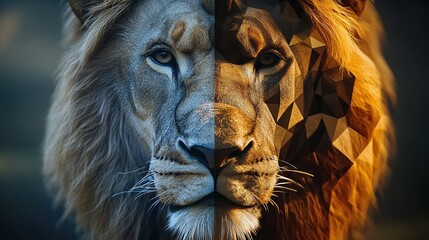 A lionÃ¢â‚¬â„¢s face, half in realistic detail and half in a geometric style, showing the balance of strength and structure.