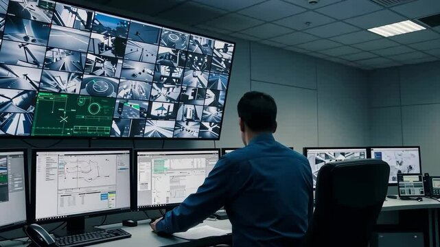 Man, monitors and security control room for surveillance, safety and protection with system or technology. Person, computer and monitoring for access, alert and data with video camera and watch