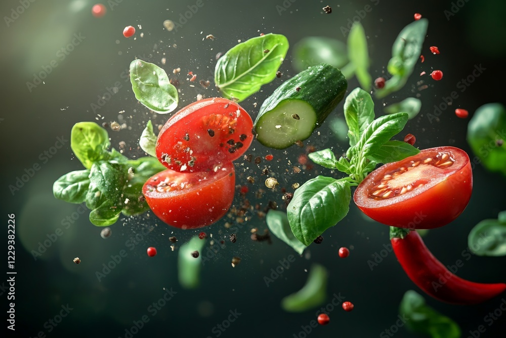 Aufkleber fresh vegetables and herbs floating in the air with spices creating a vibrant culinary composition d