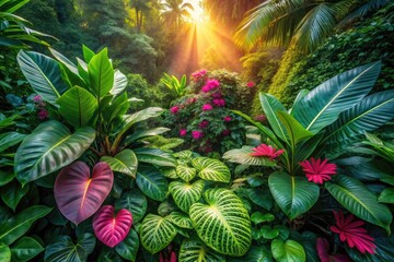 Obraz premium Drone shot reveals vibrant pink sky above a jungle of monstera, calathea, and other exotic plants.