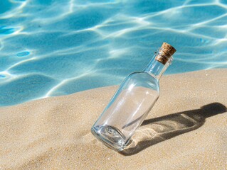 Beach summer marketing campaigns concept. A glass bottle with a cork lies on sandy beach shore next to clear blue water, symbolizing messages in a bottle and seaside tranquility.
