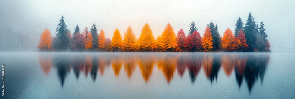 Poster a high-resolution image showcasing a misty lakeside view surrounded by vibrant autumn trees, creatin