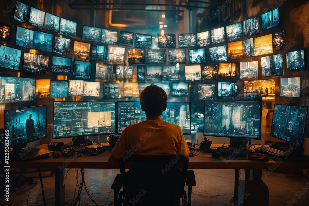 Poster technology enthusiast analyzes data on multiple screens in a modern workspace at night