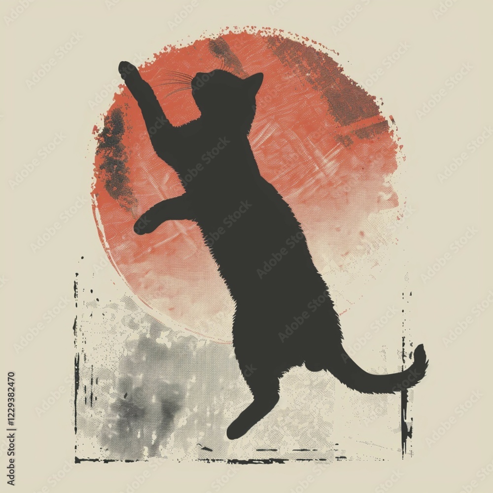 Poster minimalist design of a cat silhouette against a soft red splash in an abstract style, ai generated