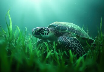 Fototapeta premium Majestic Green Sea Turtle Gliding Through Lush Underwater Seagrass in Tranquil Marine Environment with Sunlight Filtering Through Water Surface