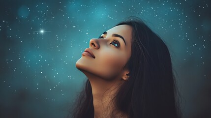 A Latina woman with long dark hair, looking up at the stars with a peaceful, dreamy expression.