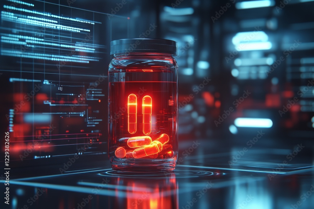 Aufkleber Futuristic laboratory setting showcasing glowing red capsules in a jar with digital interfaces and technology backgrounds