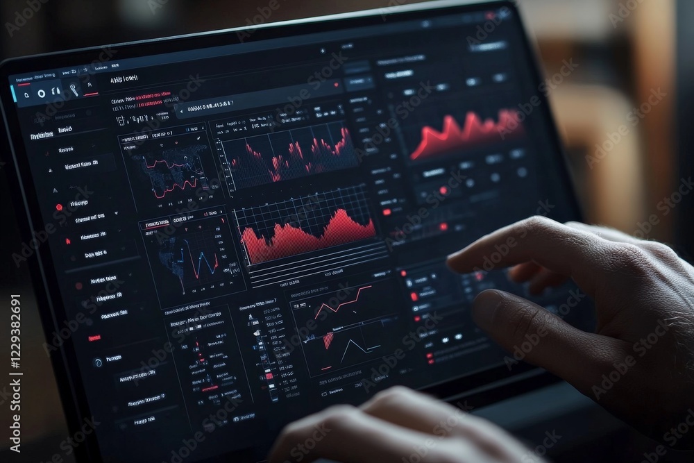Fototapete analyzing financial data with advanced software on a laptop in a modern workspace at night