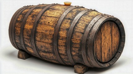 A single wooden barrel with a rustic and aged appearance, featuring metal bands and a rich brown color, AI generated