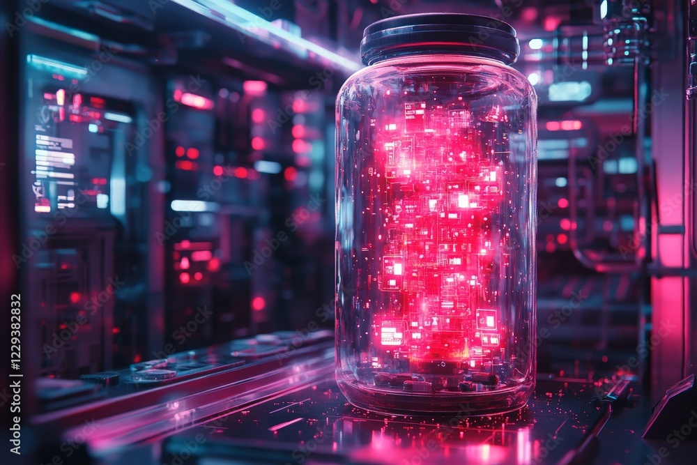 Poster Bright glowing container filled with advanced digital technology set in a futuristic laboratory environment