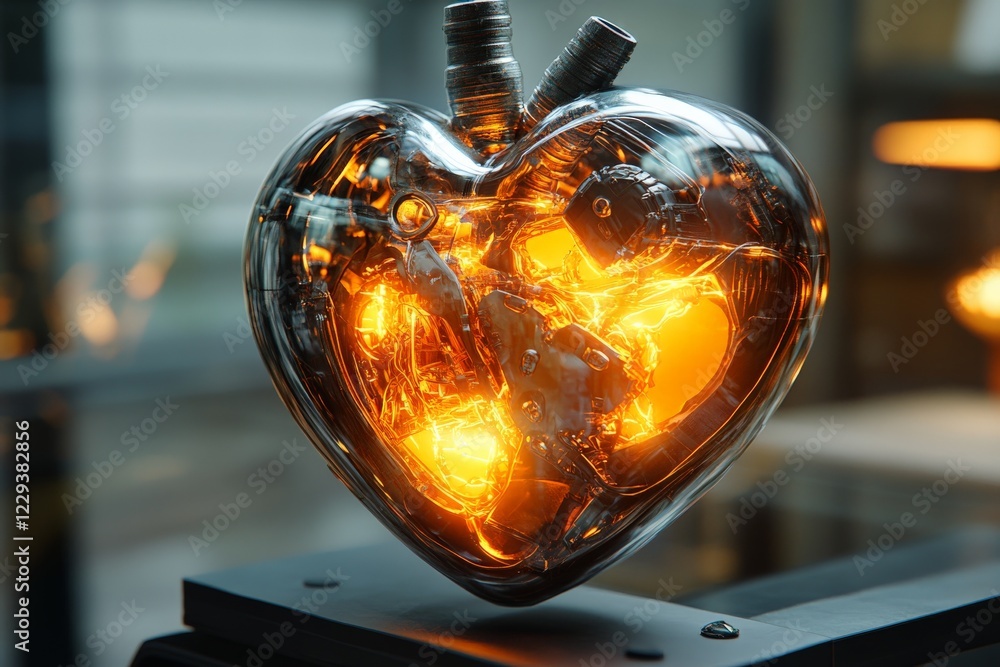 Poster heart-shaped sculpture with glowing mechanics displayed in a modern art gallery during an evening ex