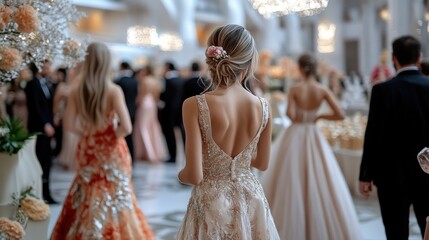 A glamorous gala event with guests in elegant evening wear.