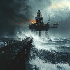Fototapeta premium Stormy sea batters offshore platform, fiery eruption.