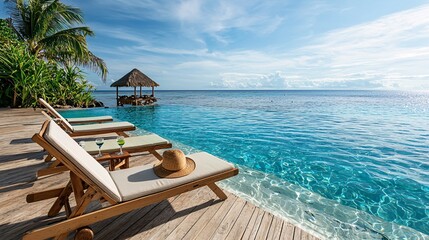 Obraz premium Beach summer marketing campaigns concept. Serene beach view with lounge chairs overlooking a vibrant blue pool and ocean, framed by tropical vegetation and a distant gazebo.