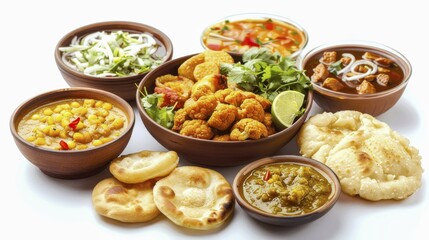 A variety of Indian curries and bread presented on a white surface, AI generated