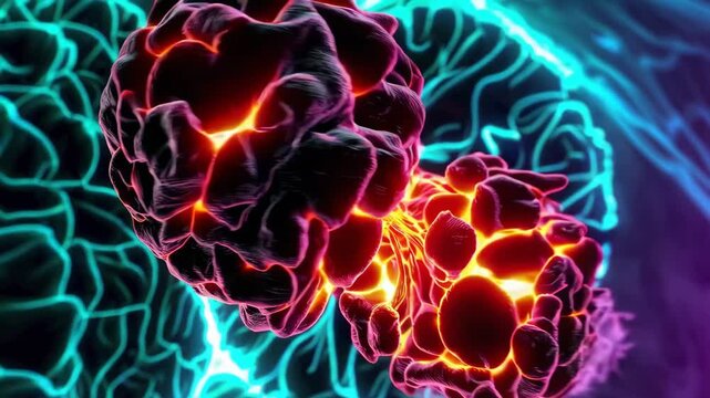 Aggressive tumor cells invading healthy tissue with rapid mutation and cancerous expansion

