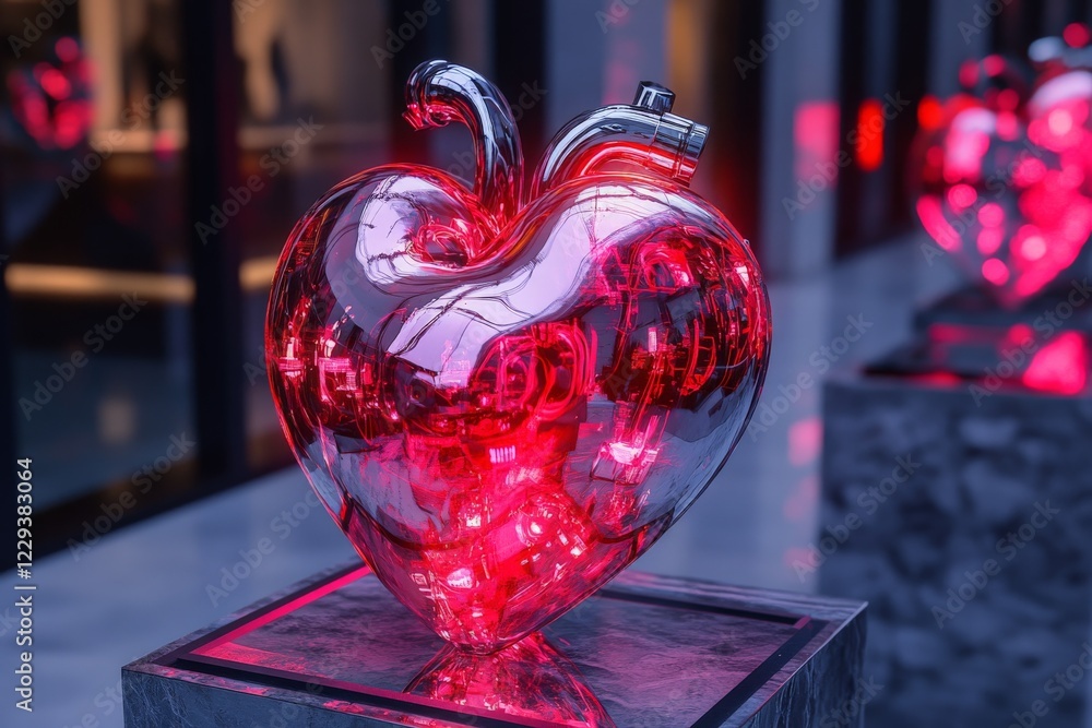 Poster art piece resembling a heart structure reflects vibrant red light in a modern gallery setting