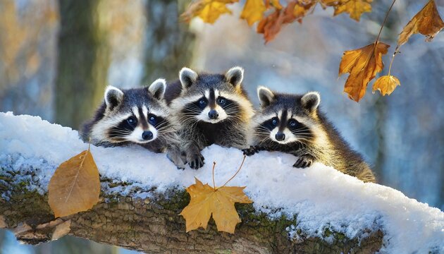 Three raccoons in winter, studio, AI generated, AI generated