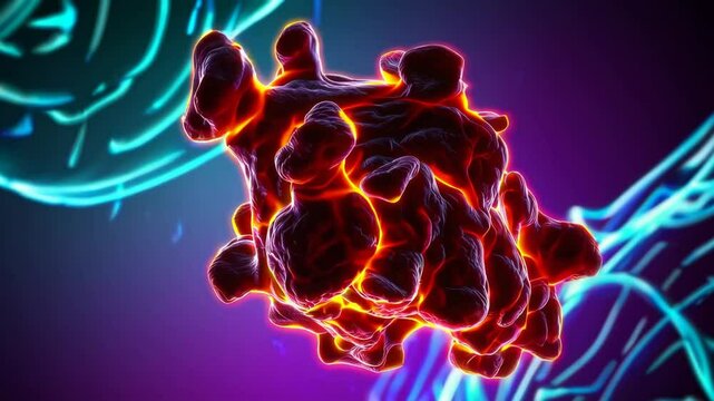 Tumor cells encroaching on healthy tissue with aggressive growth, mutation, and microscopic biological transformation

