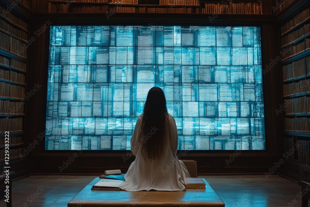 Poster person sitting in a library gazing at a large digital display of information in a modern setting