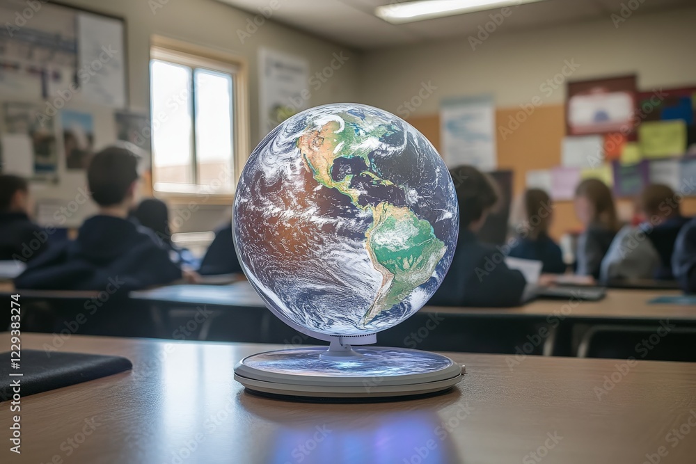 Poster Educational session in a classroom with a digital globe showcasing interactive geography