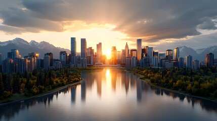 Fototapeta premium An artistic view of Calgary's skyline with soft purple and copper blending seamlessly across the cityscape, Ultra-Realistic, Photo Realistic, highly detailed 