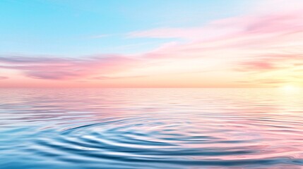 Obraz premium Beach summer marketing campaigns concept. Serene seascape with gentle ripples reflecting a pastel sky at sunrise, blending pink and blue hues over calm waters.