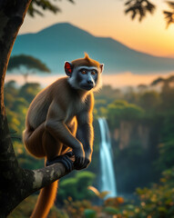 Obraz premium Langur on its habitat, Papua Forest, extinct animal sunset, tropical forest, river, created by generative ai