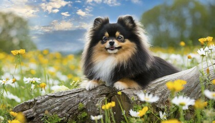 Ai generated, animal, animals, mammal, mammals, a, single animal, dwarf spitz, Spitz, (Canis lupus familiaris), dog, dogs, bitch, Pomeranians, a black-brown dwarf spitz lies on a tree in a flower meadow