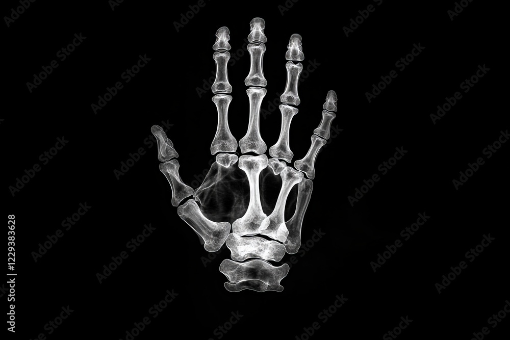 Poster x-ray of a human hand showing detailed bone structure and joint arrangements for educational purpose