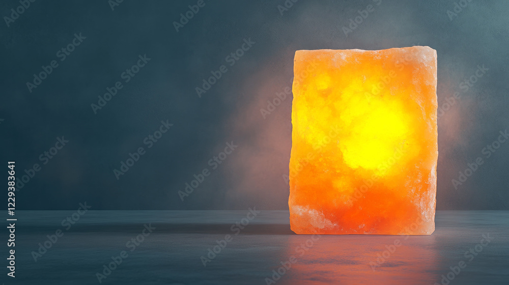 Poster a vivid macro image of a salt lamp illuminating a dark room, creating a cozy and tranquil atmosphere