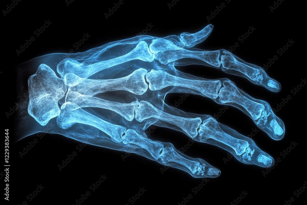 Poster detailed view of a human hand showcasing the skeletal structure in a blue x-ray format