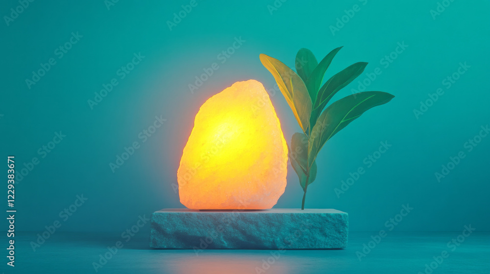 Poster a vivid macro image of a salt lamp illuminating a dark room, creating a cozy and tranquil atmosphere
