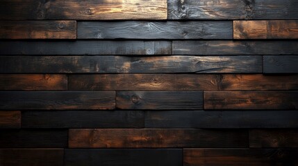 Horizontal arrangement of dark, rugged wooden planks, featuring a burnt and textured rustic appearance, AI generated