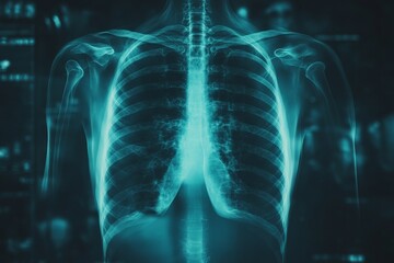X-ray of human chest revealing lungs and rib cage anatomy in a medical setting