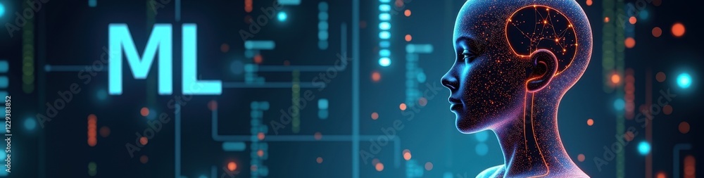 Poster futuristic humanoid with glowing network connections and ml letters in a high-tech digital environme