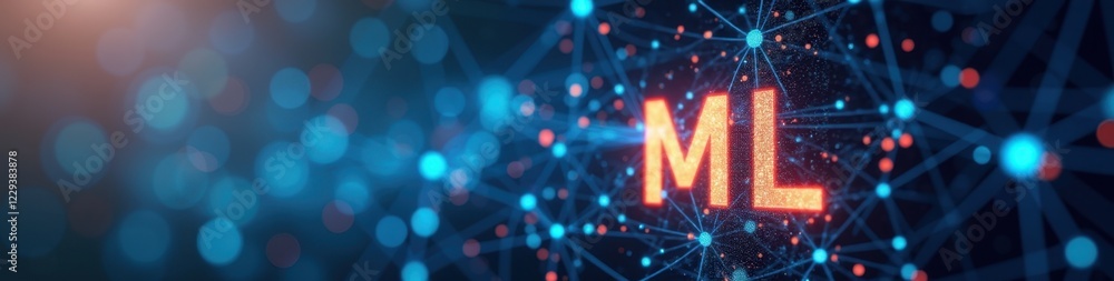 Poster illustration of glowing letters ml over a futuristic network background, showcasing advanced technol