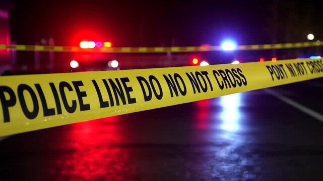 Police line, crime scene and caution tape for law enforcement, safety and security with emergency. Barrier, cordon and restricted area for investigation, accident and alert with police