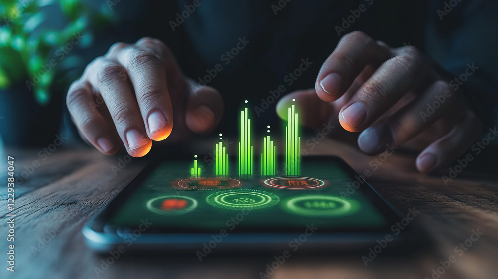 Aufkleber a detailed close-up of hands using a smartphone app that tracks daily goals, emphasizing the modern 